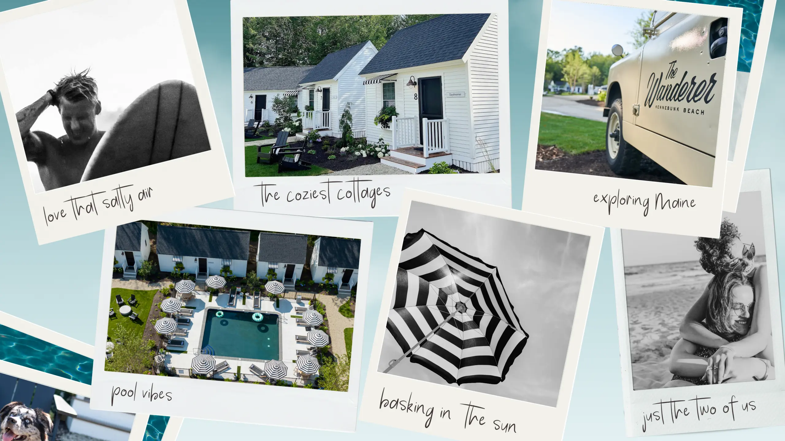 The Wanderer Cottages in Kennebunk Polaroid collage of The Wanderer Cottages in Kennebunk, Maine showing the cottages, pool deck, beach days, and surfing